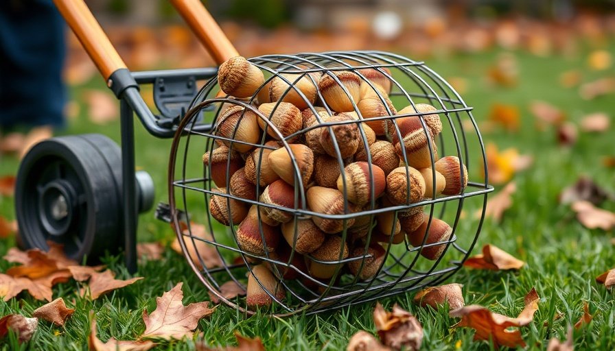 For a less back-breaking alternative to raking, consider a nut gatherer. This clever tool, often called a "nut wizard" or "acorn roller," features a rolling cage made of flexible wires. As you push the tool across your lawn, the wires spread apart to collect the acorns inside the cage without picking up leaves or sticks. When the basket is full, you simply spread the wires over a bucket to empty it. This method is incredibly efficient for collecting large quantities of acorns quickly and requires much less bending and stooping than manual methods, making it a popular choice for many homeowners.